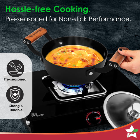 Wonderchef Ferro Light-Weight Cast-Iron Casserole & Glass Lid, 24cm, 40% Lighter, Pre-Seasoned with 100% Vegetable Oil, Chemical-Free, Induction-Friendly, Long Cool-Touch Wood Handles, 10-Yr Warranty