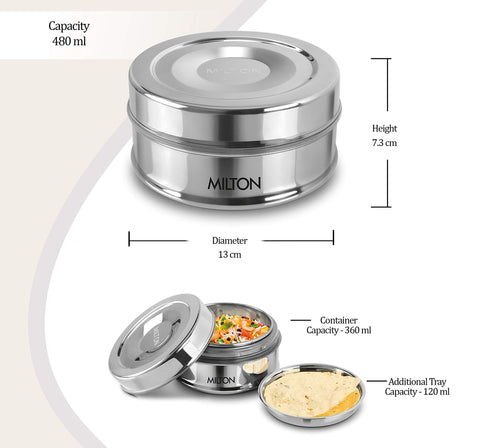 MILTON Steel Snack Stainless Steel Small Tiffin, 480 ml, Steel Plain