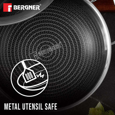 BERGNER Hitech Prism Non-Stick Stainless Steel Kadai with Glass Lid, 32 cm, 5.8 Litres, Induction Base, Silver (BG-31154-MM)