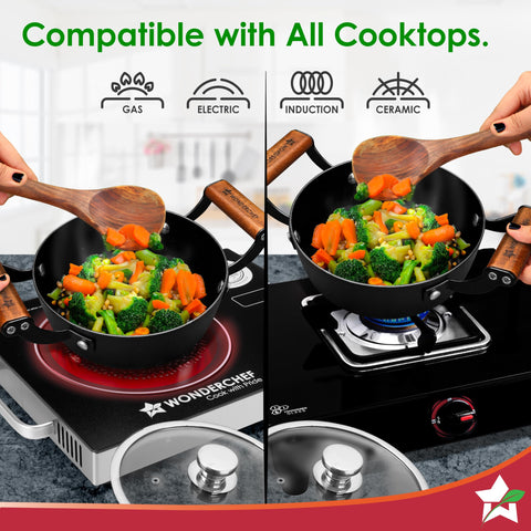 Wonderchef Ferro Light-Weight Cast-Iron Casserole & Glass Lid, 24cm, 40% Lighter, Pre-Seasoned with 100% Vegetable Oil, Chemical-Free, Induction-Friendly, Long Cool-Touch Wood Handles, 10-Yr Warranty
