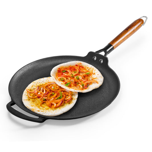 Wonderchef Ferro Light-Weight Cast-Iron Dosa Tawa | 30cm | Pre-Seasoned with 100% Vegetable Oil | 40% Lighter Than Regular Cast-Iron Cookware | Cool-Touch Real Acacia Wood Handles | 10-Year Warranty