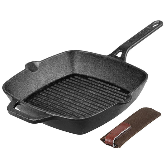 Vinod Legacy Pre Seasoned Cast Iron Grill Pan - 24 cm | Naturally Non Stick Loha Barbeque/Tandoor Grill Pan | 100% Pure | Easy Pour Spout | Toxin Free | Safety Sleeve