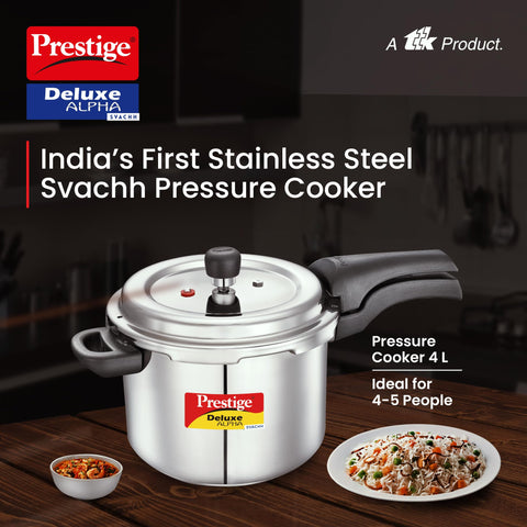 Prestige 4 Litre Stainless Steel Deluxe Alpha Svachh Outerlid Pressure Cooker |Deep lid for spillage control|10 years warranty|Gas & Induction compatible|Gasket release system|ISI Certified