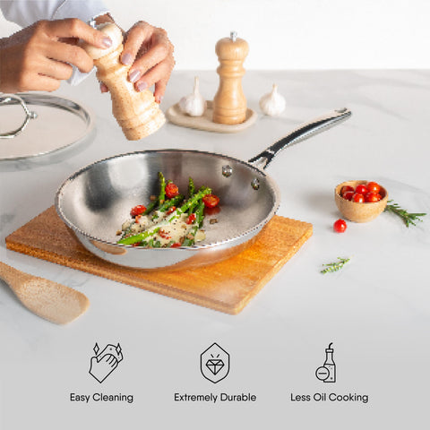 Stahl Artisan Triply Stainless Steel Frying with Lid, Induction & Gas Stove Compatible, Omelette, Egg 1.6 L, 24 cm