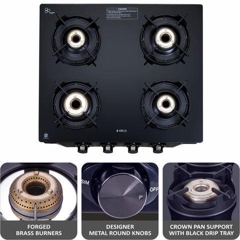 Elica Crest 4 Burner Gas Stove with Crown Design Pan Support and Forged Brass Burners (CREST 460 J NERO), Black