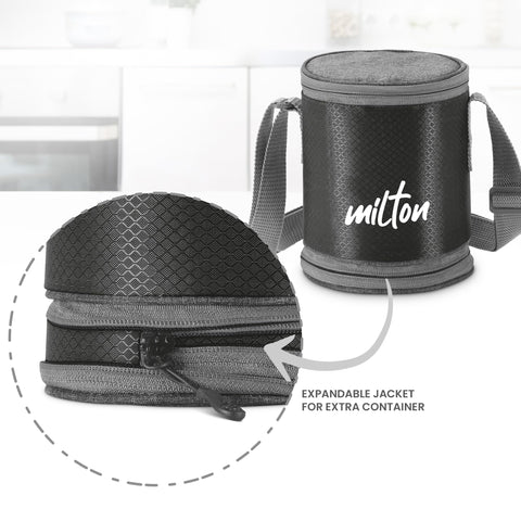 MILTON Expando 3+1 Lunch Box (4 Stainless Steel Container, 200 ml, 320 ml, 320 ml, 500 ml) with Insulated Jacket, Black | Leak & Odour Proof | Food Grade | Easy to Carry | Office | College