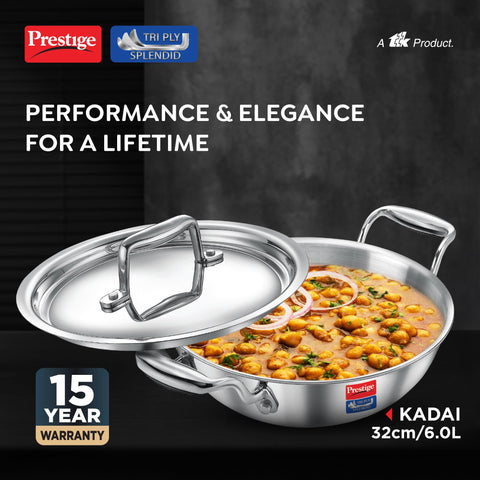 Prestige 32cm/6.0L Tri-Ply Stainless Steel Splendid Kadai with Lid|Gas and Induction Compatible|Even Heat Distribution| Thick Gauge Tri-Ply Body| Perma Cool Handles|15 Year Warranty