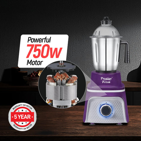 Prestige 750 Watts Prism Mixer Grinder with 3 Stainless Steel Jars| LED Power Indicator|Flow Breaker Design|Sturdy Handles| Purple and White