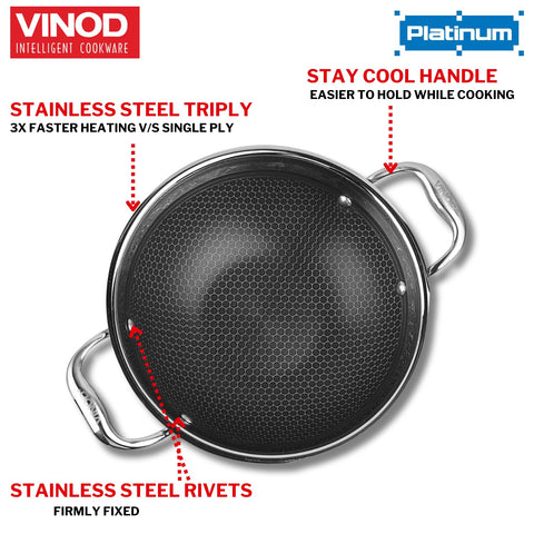 Vinod SAS Pro Platinum Triply Stainless Steel Kadai - 2.5 L | HexaShield Design Stick-Resistant Surface | Metal Spatula Safe | Less Oil, Healthy Cooking | Induction & Gas Base | PFOA Free