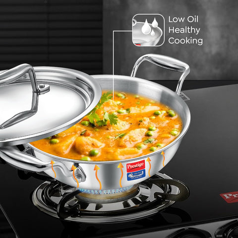 Prestige 32cm/6.0L Tri-Ply Stainless Steel Splendid Kadai with Lid|Gas and Induction Compatible|Even Heat Distribution| Thick Gauge Tri-Ply Body| Perma Cool Handles|15 Year Warranty