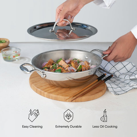 Stahl Artisan Triply 4.4 L, 28 cm Stainless Steel Kadhai with Lid,Kadai for Cooking, Stainless Steel Cookware Triply Kadai, Induction & Gas Stove Compatible