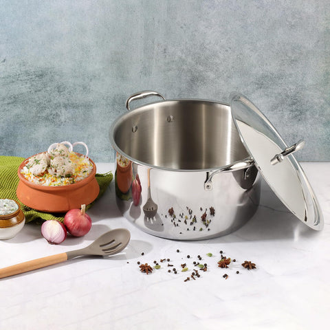 Vinod Platinum Triply Stainless Steel Biryani/Sauce Pot with Lid 30 cm | Heavy Bottom | Multipurpose Cooking Pot | Riveted Handles | Induction & Gas Compatible
