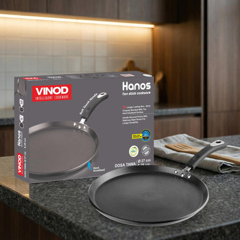 Vinod Hanos Hard Anodised Non Stick Dosa Tawa 27 cm | 5.25 mm Thick Base | 5X Longer Lasting Than Ordinary Non-Stick | Metal Spoon Safe | Induction & Gas Compatible | Soft Touch Handle | PFOA Free