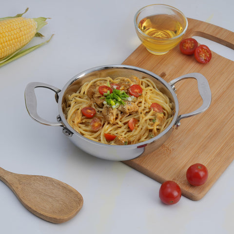 Vinod Platinum Tripy Stainless Steel Mini Kadai - 14cm (600 ml), Compact Design for Healthy Cooking, Induction Friendly Versatile Small kadhai, Use Less Oil, Sturdy and Durable - 5 Years Warranty