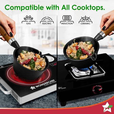 Wonderchef Ferro Light-Weight Cast-Iron Tadka Pan for Tempering, 40% Lighter, Pre-Seasoned with 100% Vegetable Oil, Chemical-Free, Induction-Friendly, Long Cool-Touch Wood Handles, 10-Yr Warranty
