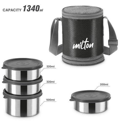 MILTON Expando 3+1 Lunch Box (4 Stainless Steel Container, 200 ml, 320 ml, 320 ml, 500 ml) with Insulated Jacket, Black | Leak & Odour Proof | Food Grade | Easy to Carry | Office | College