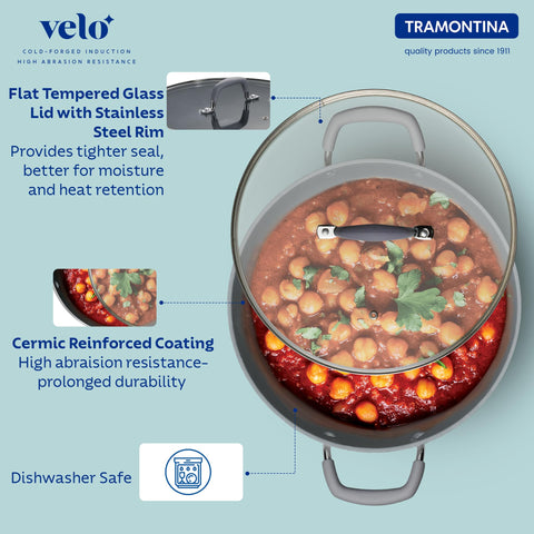 Tramontina Velo 32cm / 8.0L Forged with Ceramic Reinforced Interior Kadai | Tempered GlassLid | Kadhai for Curry Deep-Fry Stir-Fry | Silicone Grip Handles | Gas/Induction | Cook & Serve | Sand Beige
