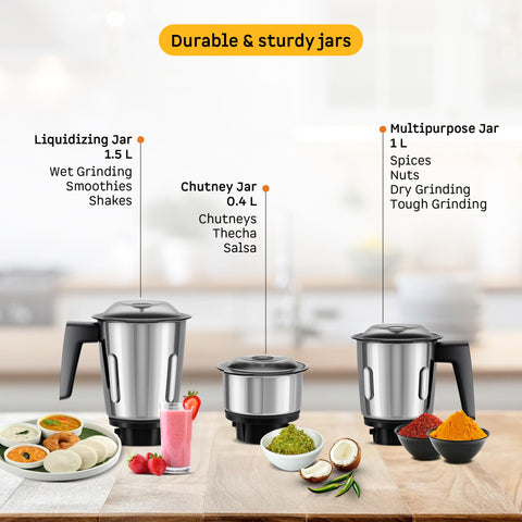 Atomberg Xiana 750 Watt Mixer Grinder | 3 Multipurpose Stainless Steel Jars | Coarse Mode for Silbatta-like Textures | Powerful Intelligent Motor | Easy Fault LED Indication | Peach Blossom