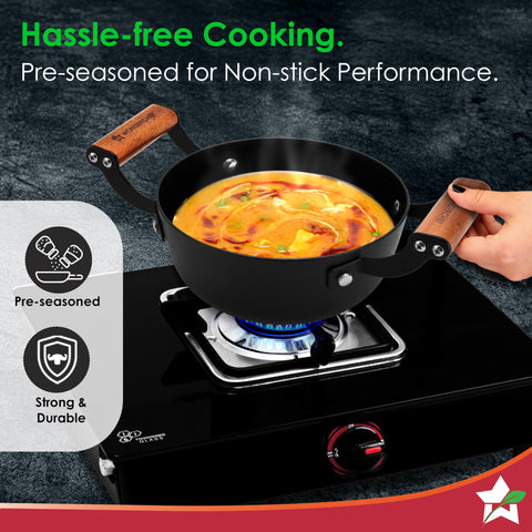 Wonderchef Ferro Light-weight Cast-iron Deep Kadhai, 20cm, 40% Lighter, Pre-seasoned with 100% Vegetable Oil, Non-toxic, Chemical-free, Induction-friendly, Long Cool-touch Wood Handles, 10-Yr Warranty