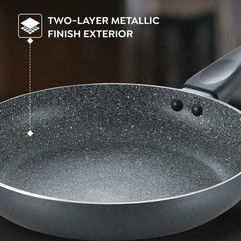 Prestige Omega Deluxe Granite Alpha 3Piece BYK Non-Stick Cookware Set| Kadai 24cm with Glass Lid, Omni Tawa 28cm & Fry Pan 24cm| Gas & Induction Compatible| 5 Layer Non-Stick Coating|Black