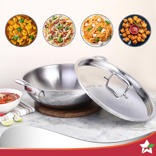 Wonderchef Nigella 24 cm Tri-ply Stainless Steel Kadhai with Lid 2.2 L