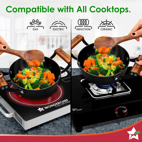 Wonderchef Ferro Light-weight Cast-iron Deep Kadhai, 20cm, 40% Lighter, Pre-seasoned with 100% Vegetable Oil, Non-toxic, Chemical-free, Induction-friendly, Long Cool-touch Wood Handles, 10-Yr Warranty