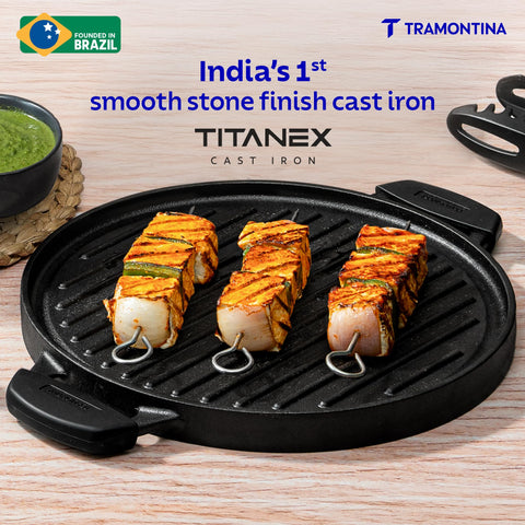 TRAMONTINA TITANEX 30cm Reversible Cast Iron Grill Pan/Tawa | Pre-Seasoned 2-in-1 Pan for Dosa, Roti, Pancakes, Grilling & Searing | Gas & Induction Compatible | Cool Touch Grips.
