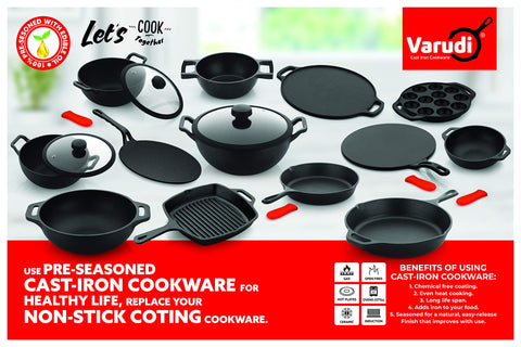 VARUDI Paniyaram Appam Pan Ponganalu Pan Chatti Appam Maker Cast Iron 12 Cavity Pre-Seasoned, Black, 8 Inch Diameter