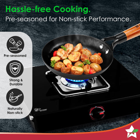 Wonderchef Ferro Light-Weight Cast-Iron Fry Pan, 16cm, 40% Lighter, Pre-Seasoned with 100% Vegetable Oil, Non-Toxic, Chemical-Free, Induction-Friendly, Long Cool-Touch Wood Handles, 10-Yr Warranty