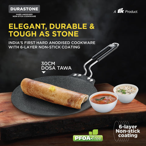 Prestige Durastone Hard Anodised Non-Stick Dosa Tawa 30cm|6 Layers Extra Durable Stone Coating|Stainless Steel Cool Touch Handles|Induction & Gas Compatible|2 Years Warranty