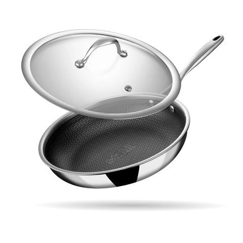 Stahl Artisan Hybrid 2 L, 24 cm Triply Frying Pan with Lid | Induction & Gas Stove Compatible | Honeycomb Non Stick Fry Pan, Metal Spoon Friendly