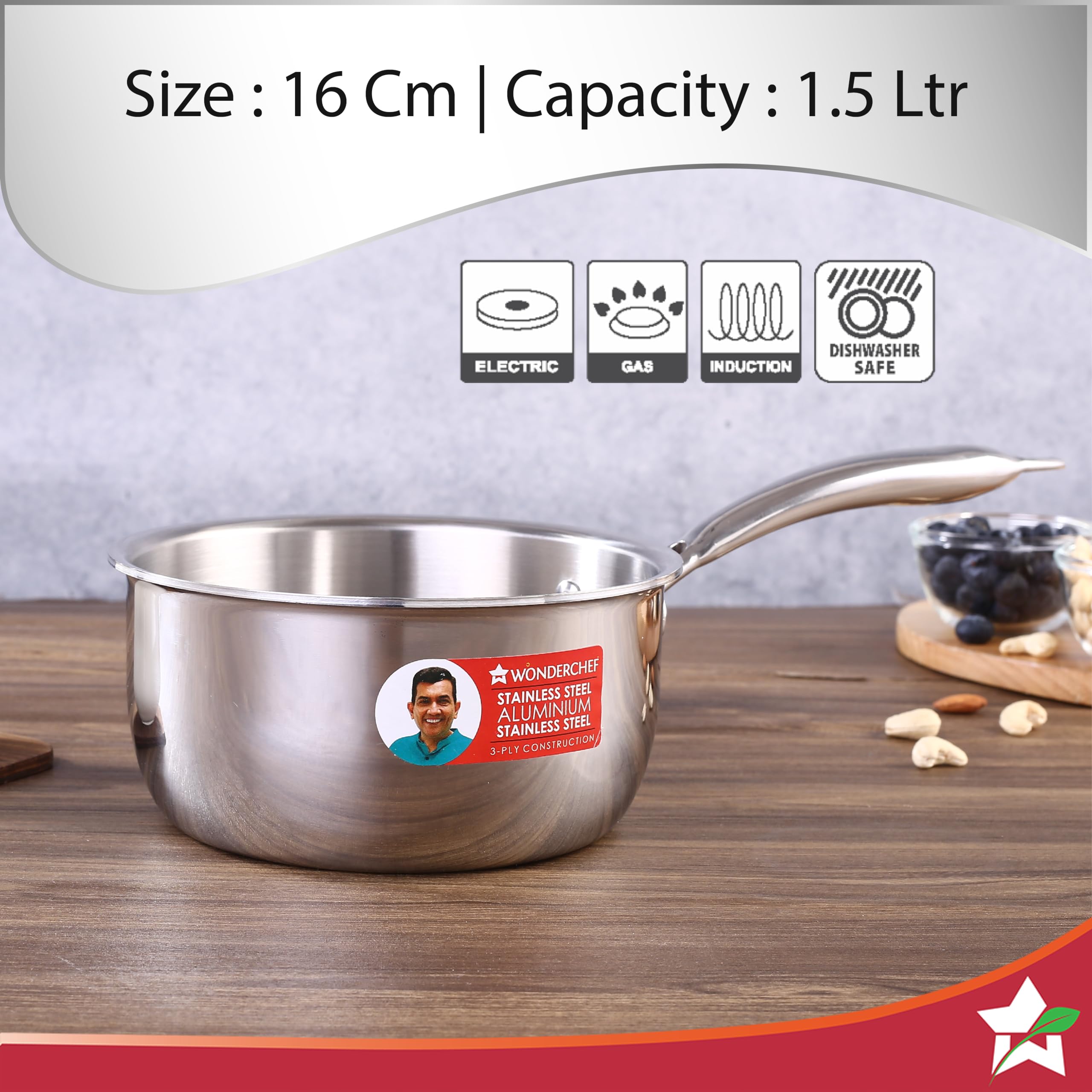Wonderchef Nigella 16 cm Tri-ply Stainless Steel Saucepan – 1.5 L
