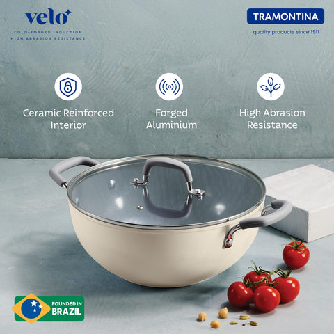 Tramontina Velo 32cm / 8.0L Forged with Ceramic Reinforced Interior Kadai | Tempered GlassLid | Kadhai for Curry Deep-Fry Stir-Fry | Silicone Grip Handles | Gas/Induction | Cook & Serve | Sand Beige