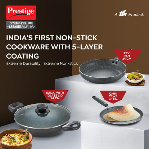 Prestige Omega Deluxe Granite Alpha 3Piece BYK Non-Stick Cookware Set| Kadai 24cm with Glass Lid, Omni Tawa 28cm & Fry Pan 24cm| Gas & Induction Compatible| 5 Layer Non-Stick Coating|Black