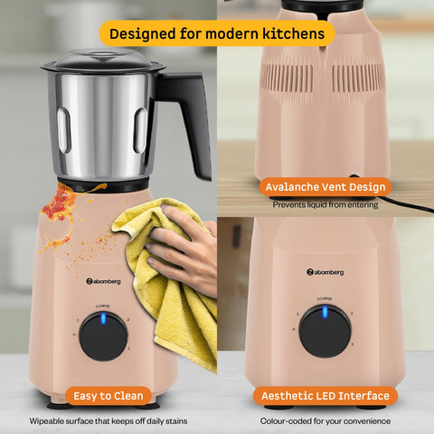 Atomberg Xiana 750 Watt Mixer Grinder | 3 Multipurpose Stainless Steel Jars | Coarse Mode for Silbatta-like Textures | Powerful Intelligent Motor | Easy Fault LED Indication | Peach Blossom