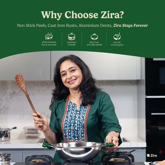 Zira Triply Stainless Steel Kadai with Steamer Lid | 20 cm, 2.3L | Fire Proof, Stay Cool Silicone Handle | Induction & Gas Friendly | 2.5mm Heavy Bottom Triply Kadhai | 10 Year Warranty