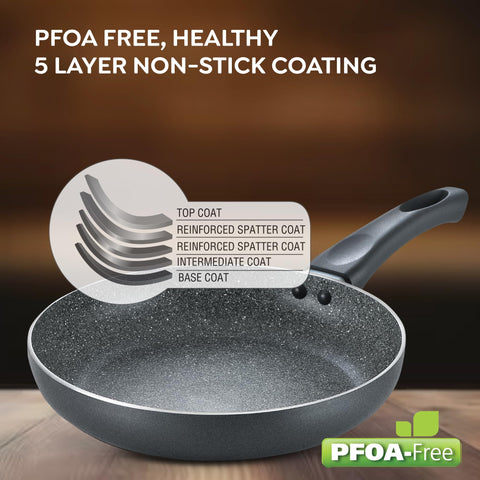 Prestige Omega Deluxe Granite Alpha 3Piece BYK Non-Stick Cookware Set| Kadai 24cm with Glass Lid, Omni Tawa 28cm & Fry Pan 24cm| Gas & Induction Compatible| 5 Layer Non-Stick Coating|Black