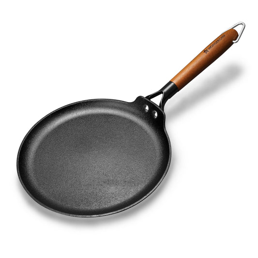 Wonderchef Ferro Light-Weight Cast-Iron Dosa Tawa, 26cm, 40% Lighter, Pre-Seasoned with 100% Vegetable Oil, Non-Toxic, Chemical-Free, Induction-Friendly, Long Cool-Touch Wood Handles, 10-Yr Warranty