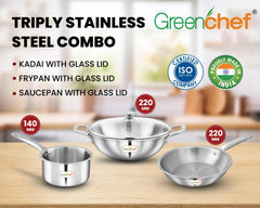 Greenchef Stainless Steel Tri ply Stainless Steel Crest Combo (Kadhai 22CM with Glass lid, FryPan 22CM, Saucepan 14CM) Exterior Surface, Induction Compatible, Scratch Resistant