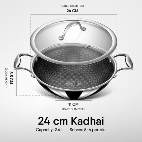 Stahl Artisan Hybrid Triply Non Stick Kadai with Lid 2.4 L, 24 cm, Stainless Steel Kadai for Cooking, Triply Kadhai Metal Spatula Friendly, Induction & Gas Stove Compatible,