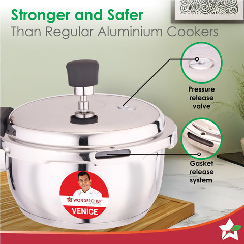 Wonderchef Venice Stainless-steel Pressure Cooker | 2L | Outer Lid | Triply Bottom | Safe Cooking | Compatible with Gas Stove, Induction, Ceramic, and Electric Stoves | ISI Certified | 5-Year Warranty