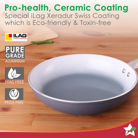 Wonderchef Eco-Glide Fry Pan | | Chemical-Free Ceramic Coating | 24cm, 1.8L | Healthy, Low Oil Meals | Scratch-Resistant | Stainless-Steel Handle | Gas & Induction Compatible | Grey | Easy to Clean