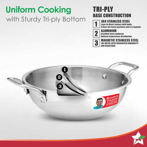 Wonderchef Venice Triply Stainless Steel 3 Pc. Cookware Set | Fry Pan 20cm, Kadhai with Lid 24cm | Non-Toxic | Safe to Use | Uniform Heating | Heavy-Duty Handle | Easy Cleaning | 10-Year Warranty