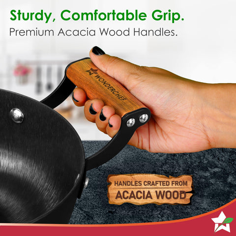 Wonderchef Ferro Light-Weight Cast-Iron Kadhai, 18cm, 40% Lighter, Pre-Seasoned with 100% Vegetable Oil, Non-Toxic, Chemical-Free, Induction-Friendly, Long Cool-Touch Wood Handles, 10-Yr Warranty