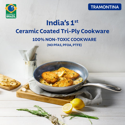 TRAMONTINA Fusao Healthy Triply Ceramic 26Cm Frypan EX+ With Ss 304 Lid | Non Toxic (PFAS/PTFE/PFOA Free) | Omlete Pan | Saute | Induction Friendly | Stay Cool Handle I 10 Year Warranty*, Silver
