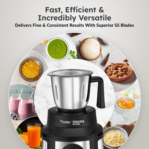 Prestige Endura 1000 Watt Mixer Grinder with 6 Jars | Heavy-Duty Ball Bearing Motor | 3 Stainless Steel Jars + 1 Juicer + 1 Mix-O-Keep + 1 Multi-Utility | SS Baldes | Black | 5Y Motor Warranty