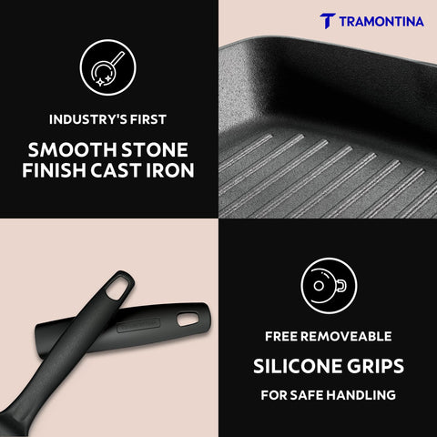 Tramontina Titanex 27 cm Pre-Seasoned Cast Iron Grill Pan, Non-Toxic, Induction Ready, Easy Hold Non-Slip Heat-Resistant Grip, Deep Ridges for Enhanced Texture & Fat Release, Spouts for Easy Deglazing