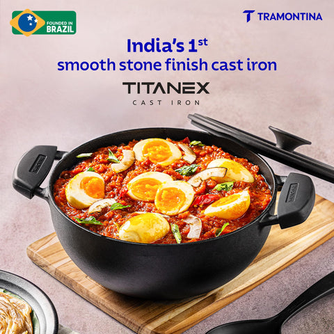 TRAMONTINA TITANEX 30cm/6.8L Pre-Seasoned Heritage Cast Iron Deep Kadai with Toughened Glass Lid | Snap-On Silicone Grips | Kadhai for Curry | Gas/Induction Cookware | Life-Time Warranty