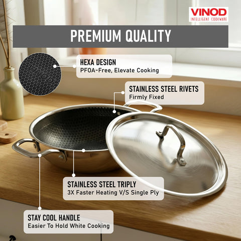 Vinod SAS Pro Platinum Triply Stainless Steel Extra Deep Kadai - 22 cm, 2.5 L | HexaShield Design Stick-Resistant Surface | Metal Spatula Safe | Healthy Cooking | Induction & Gas Base | PFOA Free