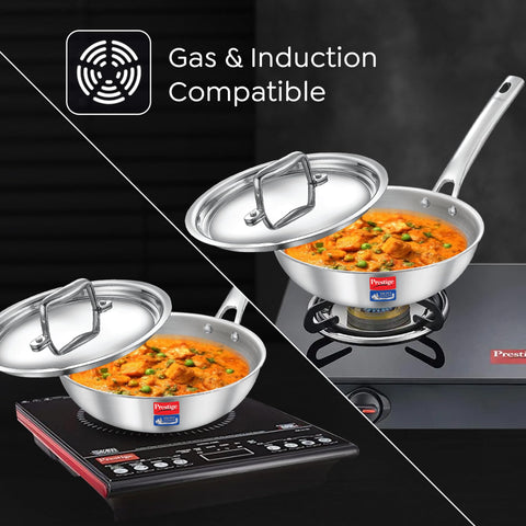Prestige 20cm/1.0L Tri-Ply Stainless Steel Splendid Fry Pan with Lid|Gas and Induction Compatible|Even Heat Distribution| Thick Gauge Tri-Ply Body|15 Year Warranty